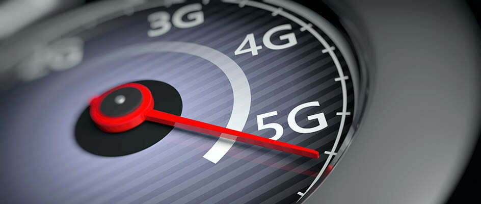 5G High speed network internet connection. Reaching 5g, speedometer indicator, internet speed test, closeup view. 3d illustration